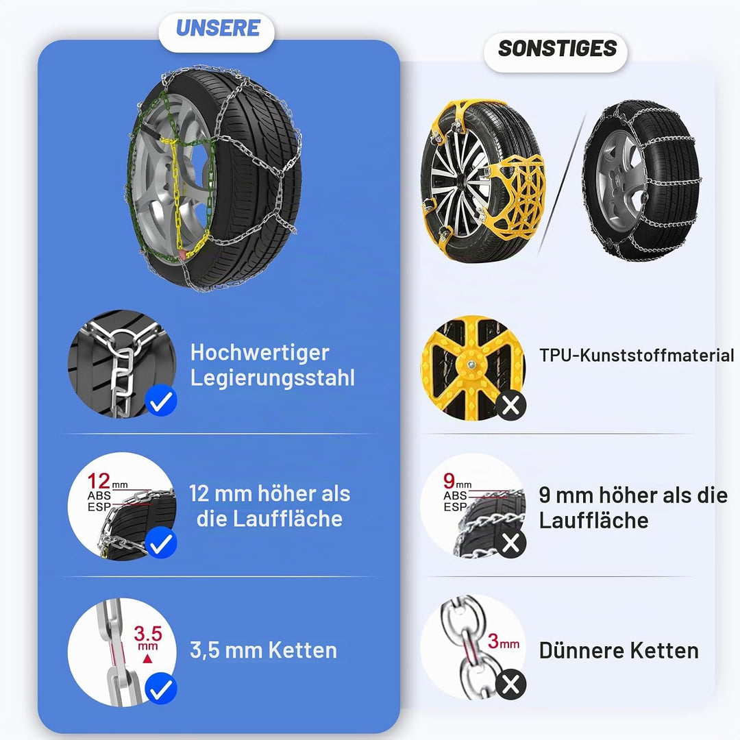 Alloy Steel Snow Chains, Schneeketten Legierung Stahl, 2 Stück x 12mm, Auto Schneeketten mit automat