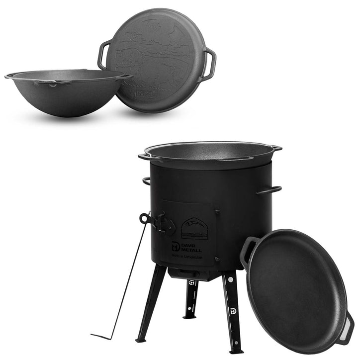 4BIG.fun 10L Kazan mit Ø36 Uchag Utschak Utschag 2mm stahl Kessel mit Deckel-Bratpfanne aus Gusseise