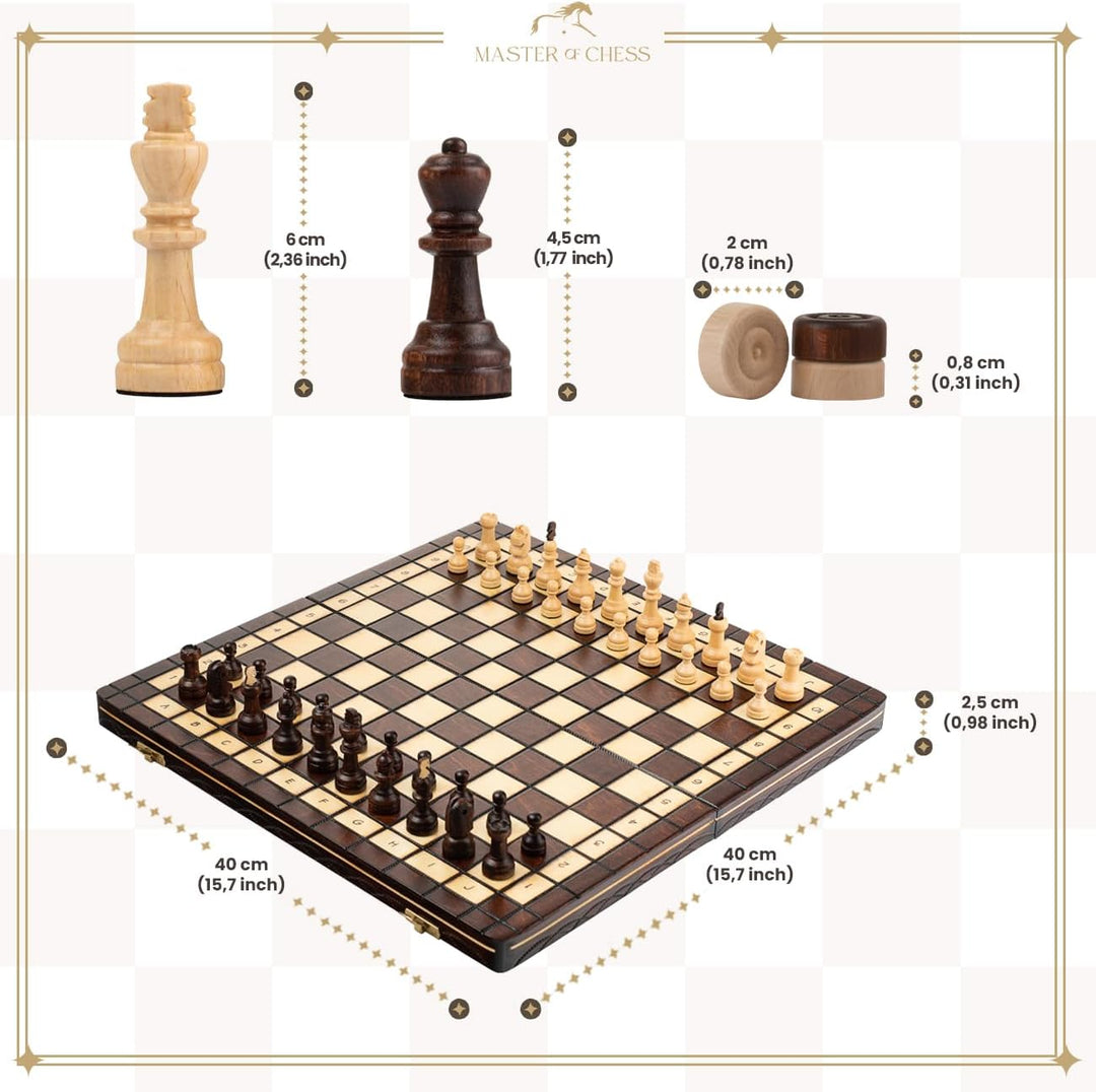 2in1 CAPABLANCA Schach und Dame Spiel | Master of Chess | Schachbrett Holz Hochwertig 40 cm | Reise