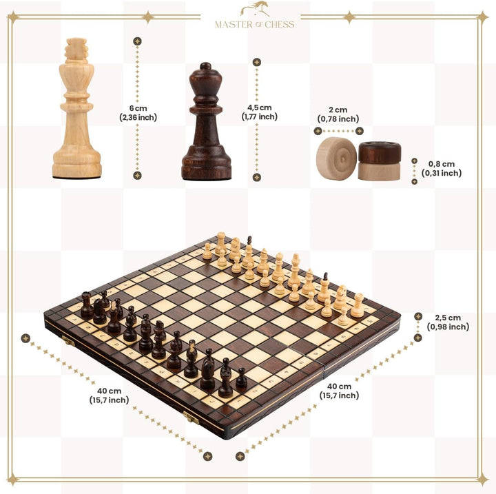 2in1 CAPABLANCA Schach und Dame Spiel | Master of Chess | Schachbrett Holz Hochwertig 40 cm | Reise