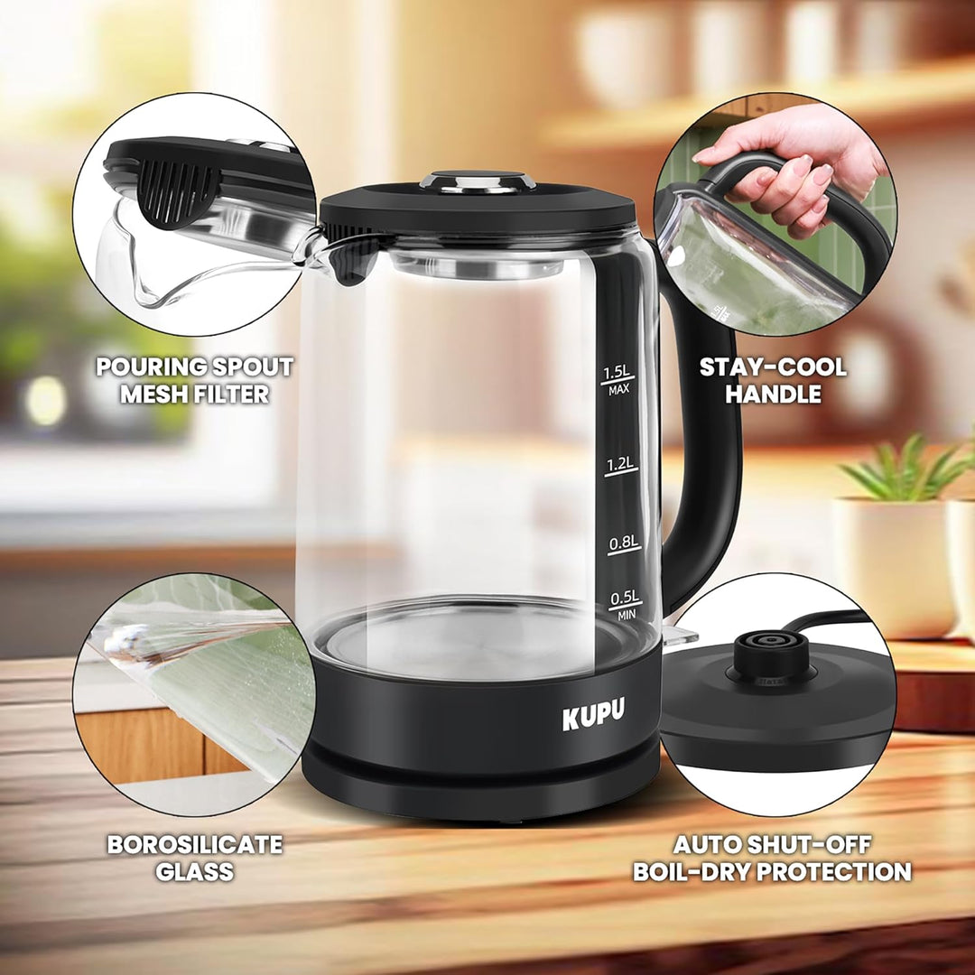 KUPU Glas Wasserkocher, 1.5 Liter, 2200 Watt schnelles Aufheizen, kompakter Glaswasserkocher, BPA-fr