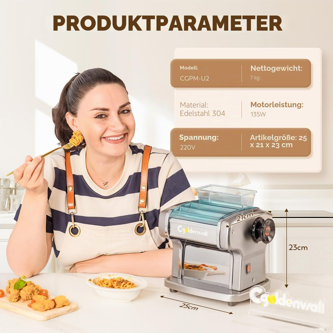 CGOLDENWALL Elektrische Nudelmaschine Haushalts Frisch Nudelteigmaschine aus Edelstahl mit 2.5mm Run