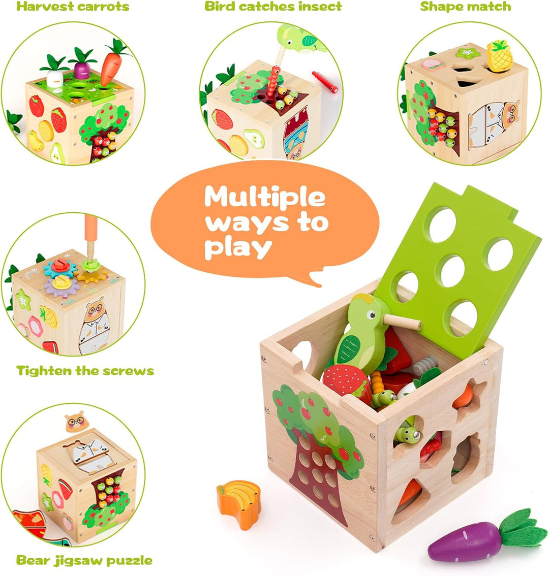 5 in 1Montessori Motorikwürfel,Activity Cube,Steckwürfel enthalten Formen zuordnen, Karotten ernten,