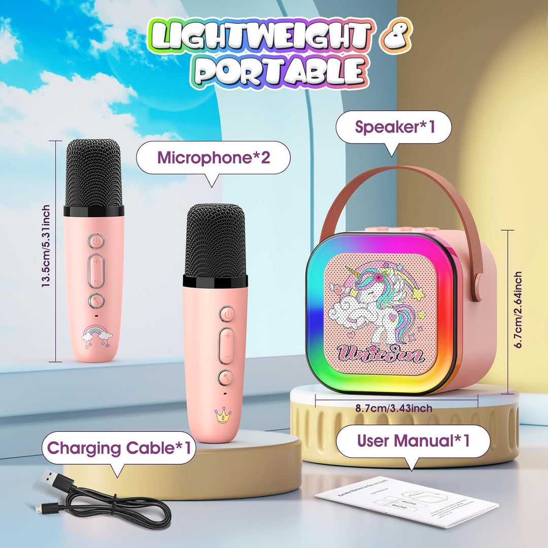 Dislocati Karaoke Maschine mit 2 Bluetooth Karaoke Mikrofon, Einhorn Geschenk Spielzeug für Mädchen