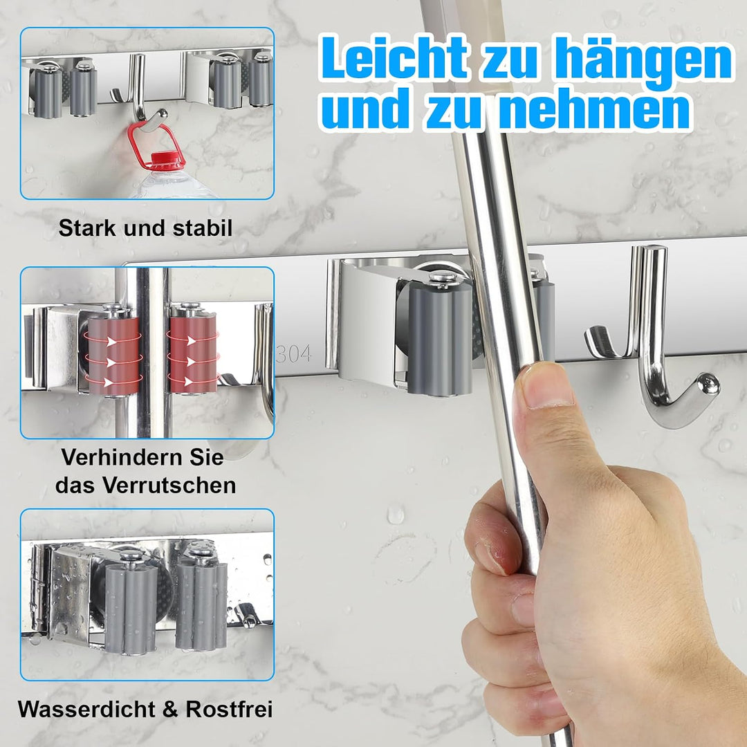 Besenhalterung Wand, Besenhalter Edelstahl, Gerätehalter Wandhalterung mit 6 Halter und 5 Haken, Bes