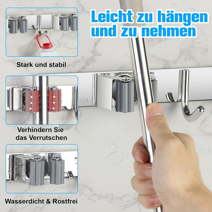 Besenhalterung Wand, Besenhalter Edelstahl, Gerätehalter Wandhalterung mit 6 Halter und 5 Haken, Bes