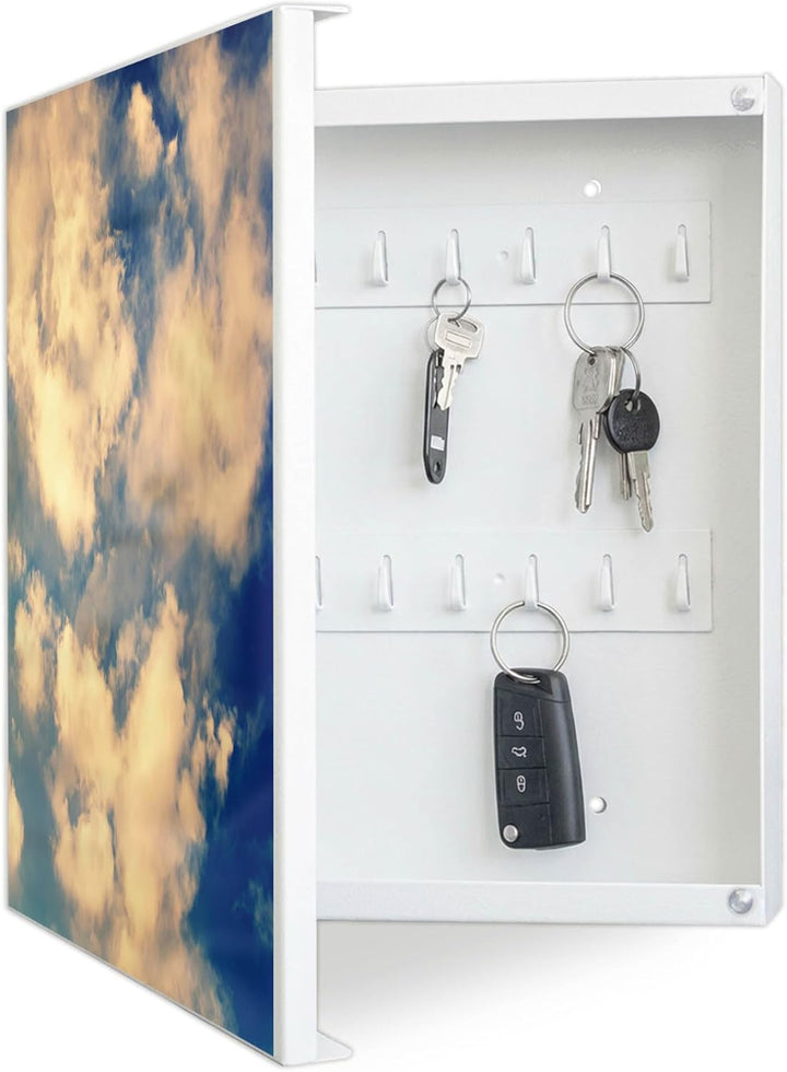 banjado® Grosser Schlüsselkasten Glas/Schlüsselbox 30cm x 30cm mit 50 Haken - Motiv Wolken 3 / Schlü