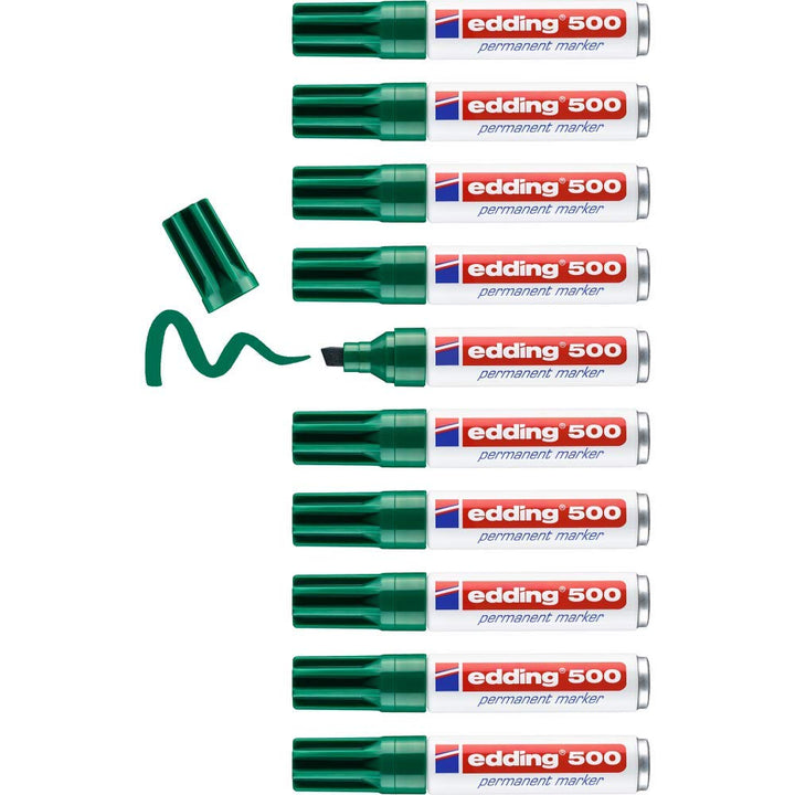 edding 500 Permanentmarker - grün - 10 Stifte - Keil-Spitze 2-7 mm - wasserfest, schnell-trocknend -