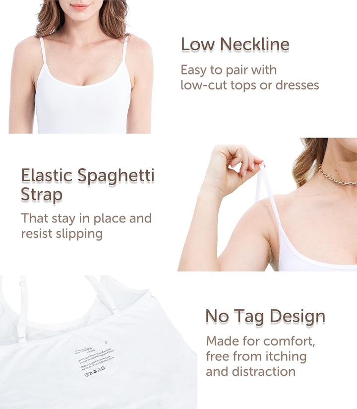 Comfneat Damen 4-Pack Spaghetti Tops Slim-Fit Verstellbare Träger Camisole Baumwolle Elasthan Unterh