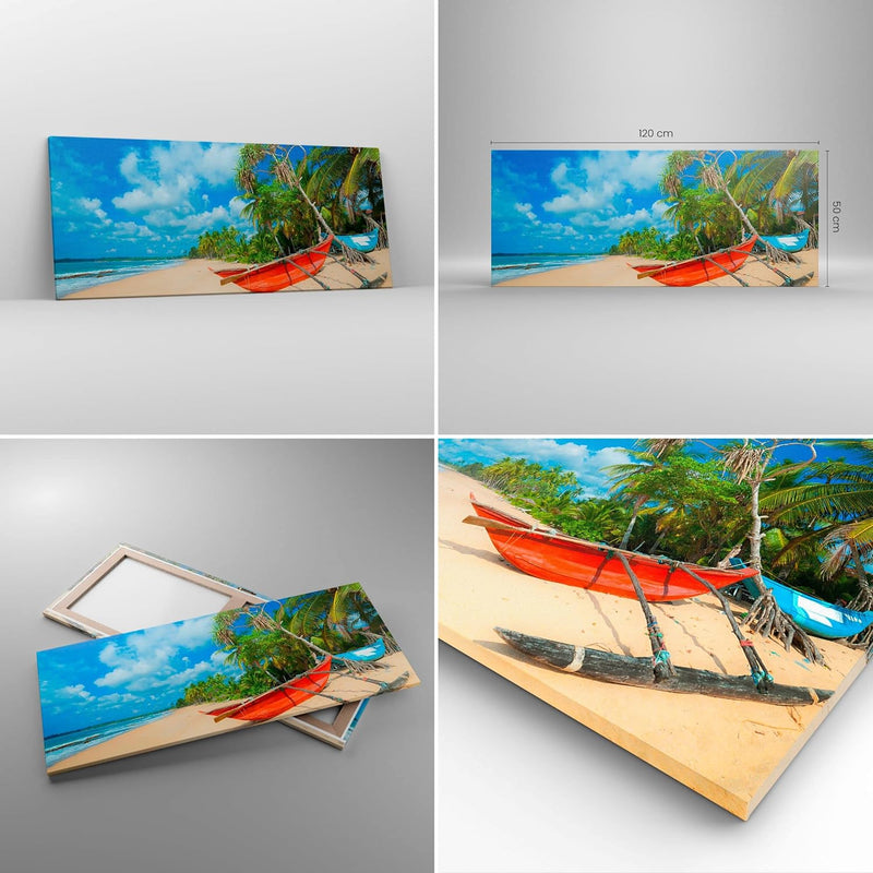 Wandbilder Dekoration Wohnzimmer Golf Ozean Palme Boot Panorama Bilder auf Leinwand 120x50cm Leinwan