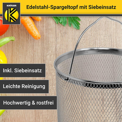 Krüger Edelstahl-Spargeltopf mit Glasdeckel und Siebeinsatz - Spargel-Kochtopf mit Deckel zum Sichtk