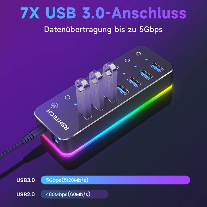 USB Hub Aktiv 3.0 mit Netzteil, RSHTECH 7-Port RGB USB 3.0 Hub Aluminium, 14 RGB Beleuchtungsmodi, 2