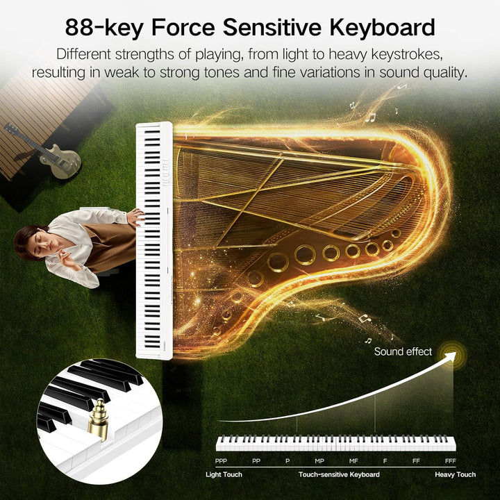 TERENCE E Piano 88 Tasten Weiss, Keyboard Piano mit Halbgewichtet, Faltbares Klavier mit Aufnahme un