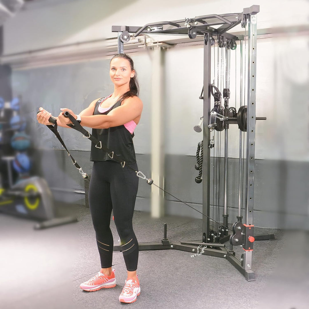 Train Hard® Kabelzug Trainer Latzugstation Kraftstation Cross Over mit Klimmzugstange, Bizeps- / Tri