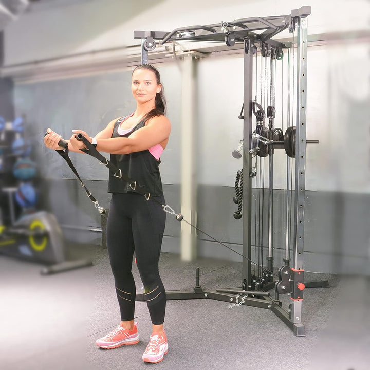 Train Hard® Kabelzug Trainer Latzugstation Kraftstation Cross Over mit Klimmzugstange, Bizeps- / Tri