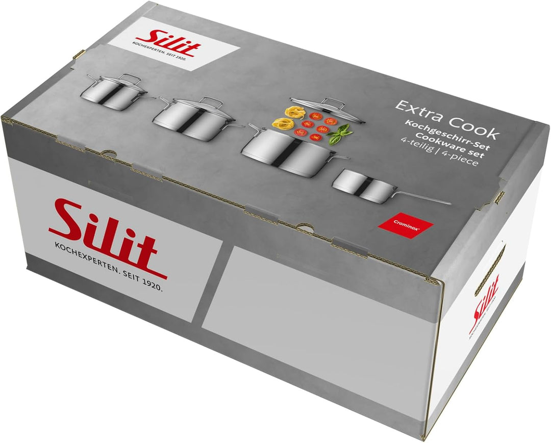 Silit Extra Cook Kochgeschirr-Set 4-teilig, Kochtöpfe 16/20/24 cm mit Glasdeckel, Stielkasserolle 16