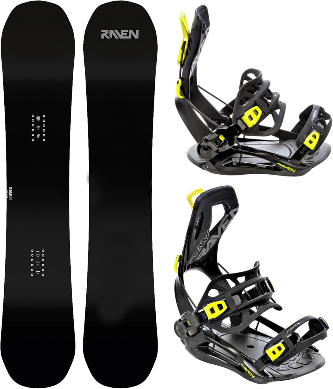 RAVEN Snowboard Set: Snowboard Pure Black + Bindung FT360 Black, Lemon Snowboard 151 cm + Bindung M