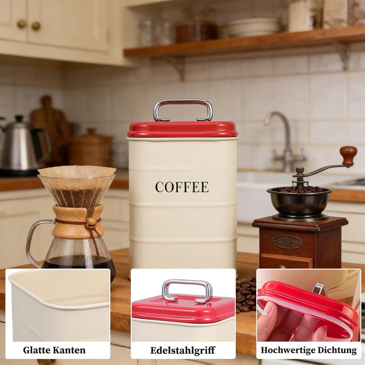 Kaffeedose Luftdicht, 1,2L Kaffeebohnen Behälter mit 30ML Messlöffel, Metall Kaffeebehälter für Kaff
