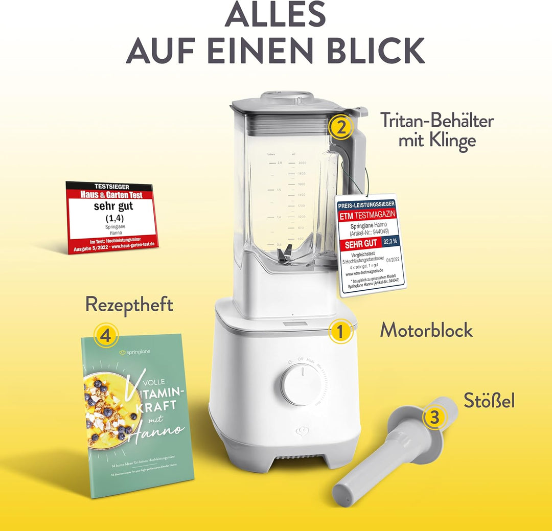 SPRINGLANE Hochleistungsmixer Hanno – Smoothie Maker 2000 W 32000 U/min mit Selbstreinigungsfunktion