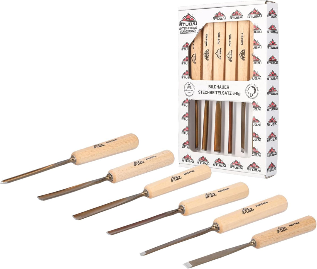 STUBAI Schnitzersatzset Kerbschnitzmesser Set Serie 52, 6-teilig - Balleisen 5 mm & 10 mm + Hohleise