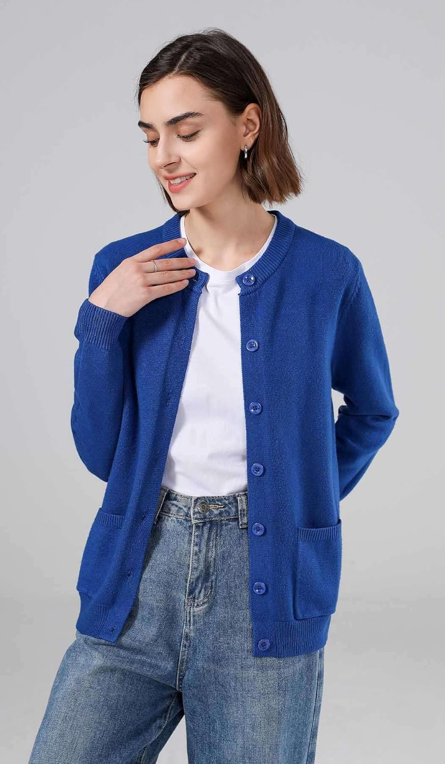 SMILING PINKER Damen Strickjacke Langarm Cardigan Warm Rundhals Strickweste Jacke mit Knopfleiste un