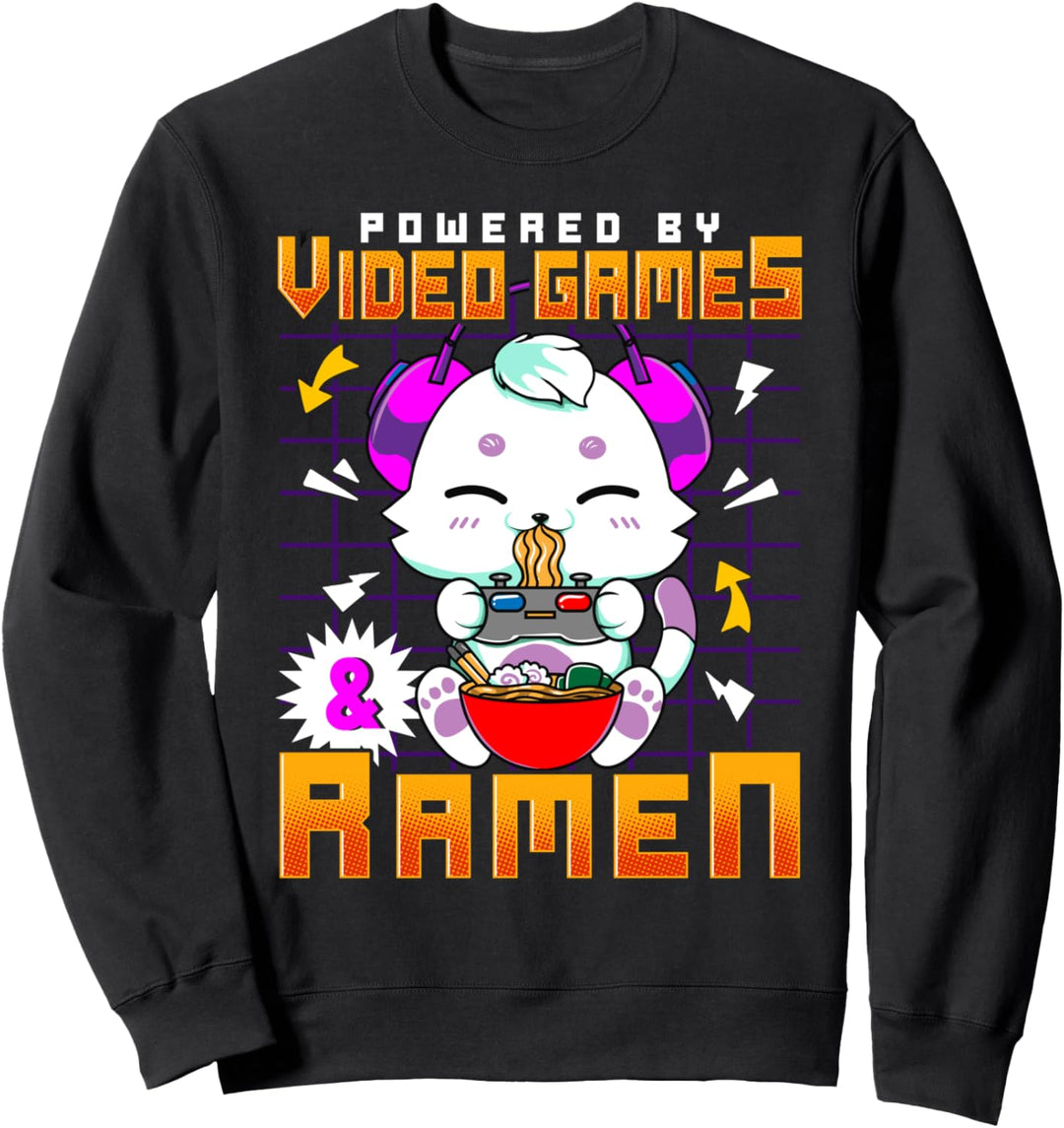 Powered By Video Games & Ramen Anime Kawaii Cat Gamer Sweatshirt
