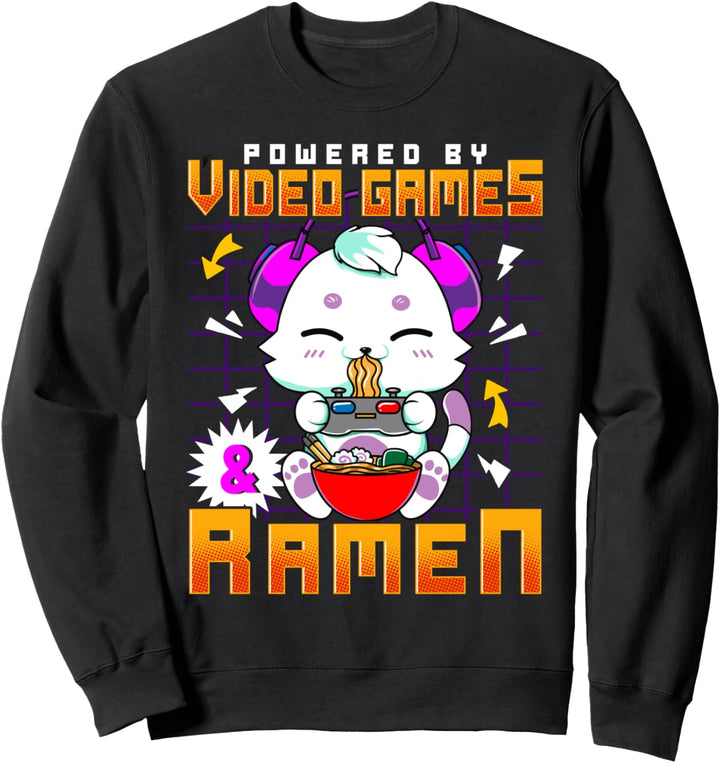 Powered By Video Games & Ramen Anime Kawaii Cat Gamer Sweatshirt