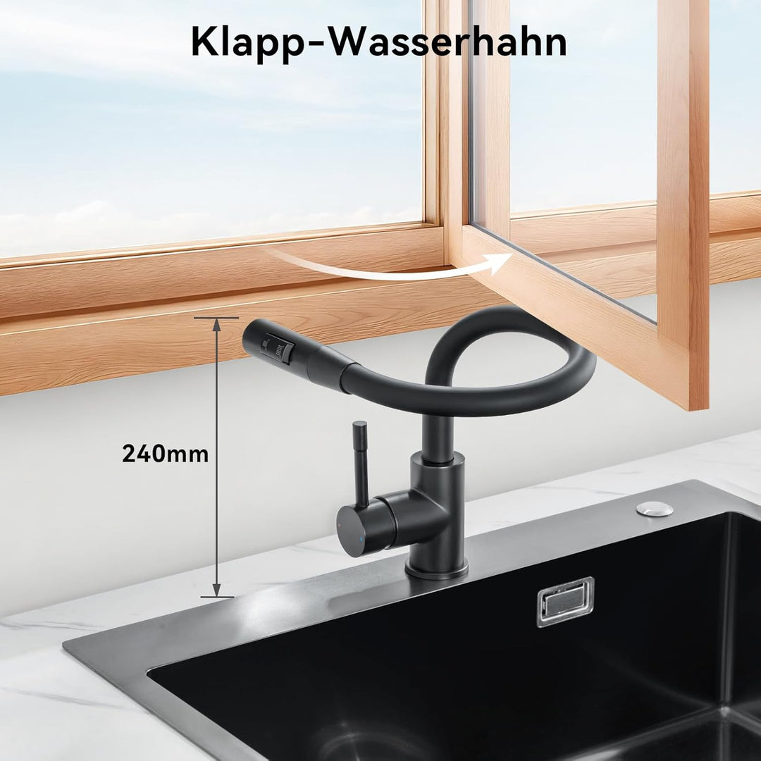 CECIPA Wasserhahn Küche Gebürstet, Flexibler Wasserhahn mit 2 Strahlarten, Küchenarmatur Schwarz 360