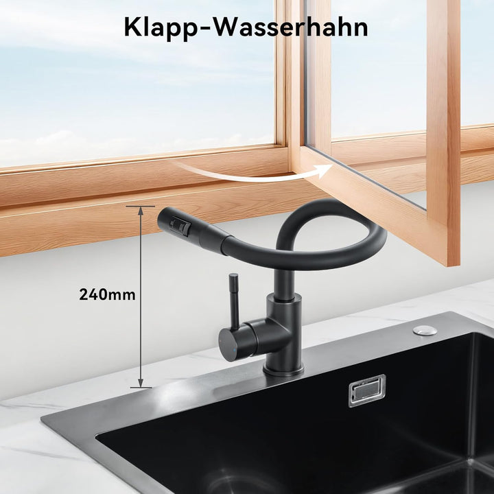 CECIPA Wasserhahn Küche Gebürstet, Flexibler Wasserhahn mit 2 Strahlarten, Küchenarmatur Schwarz 360
