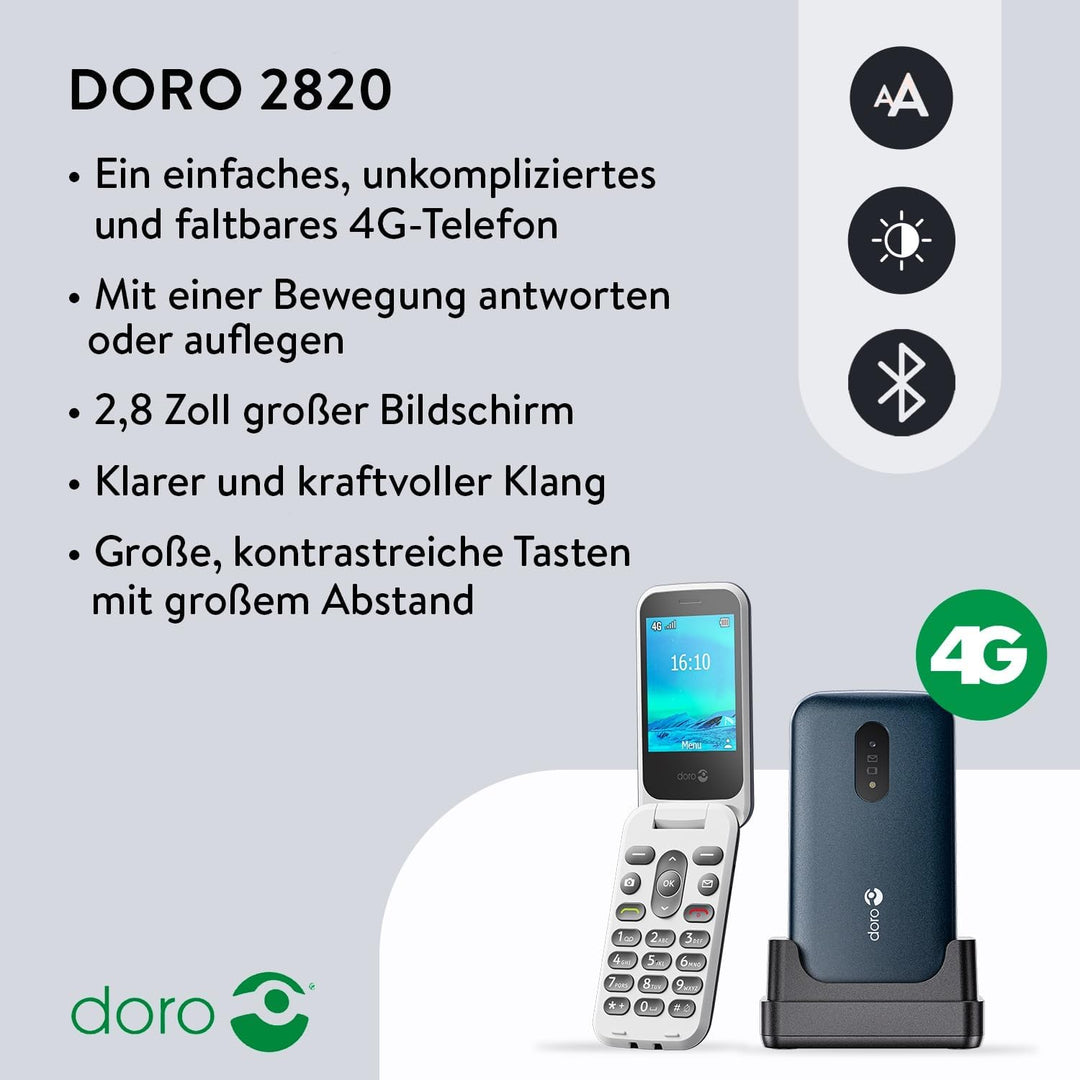 Doro 2820 4G Handy mit Klappdeckel für Senioren – grosse sprechende Tasten – Kamera – Bluetooth – As