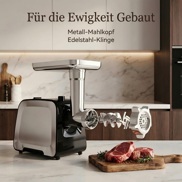 Elektrischer Fleischwolf 2800W[Max], Edelstahl Fleischmühle mit 2 Klingen, 3 Lochscheiben, Wurstfüll