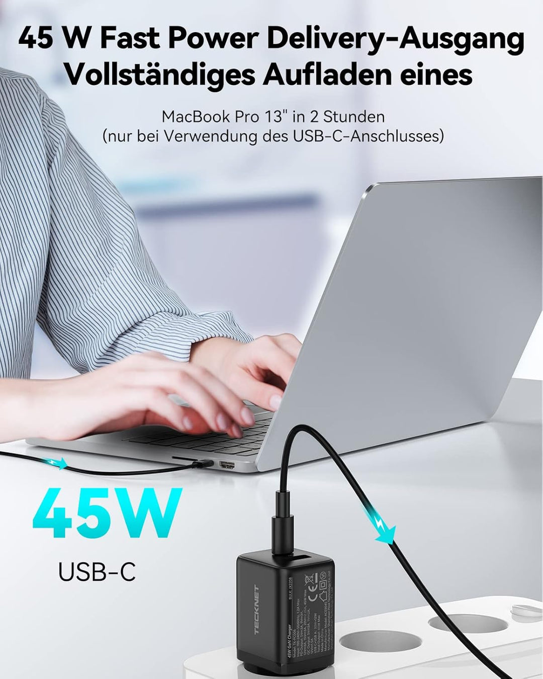 TECKNET 45W USB C ladegerät, 2-Port (1 USB C+1 USB) GAN Ⅲ Netzteil mit einen USB C auf USB C Ladekab