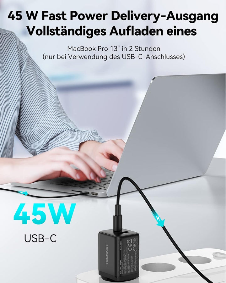 TECKNET 45W USB C ladegerät, 2-Port (1 USB C+1 USB) GAN Ⅲ Netzteil mit einen USB C auf USB C Ladekab