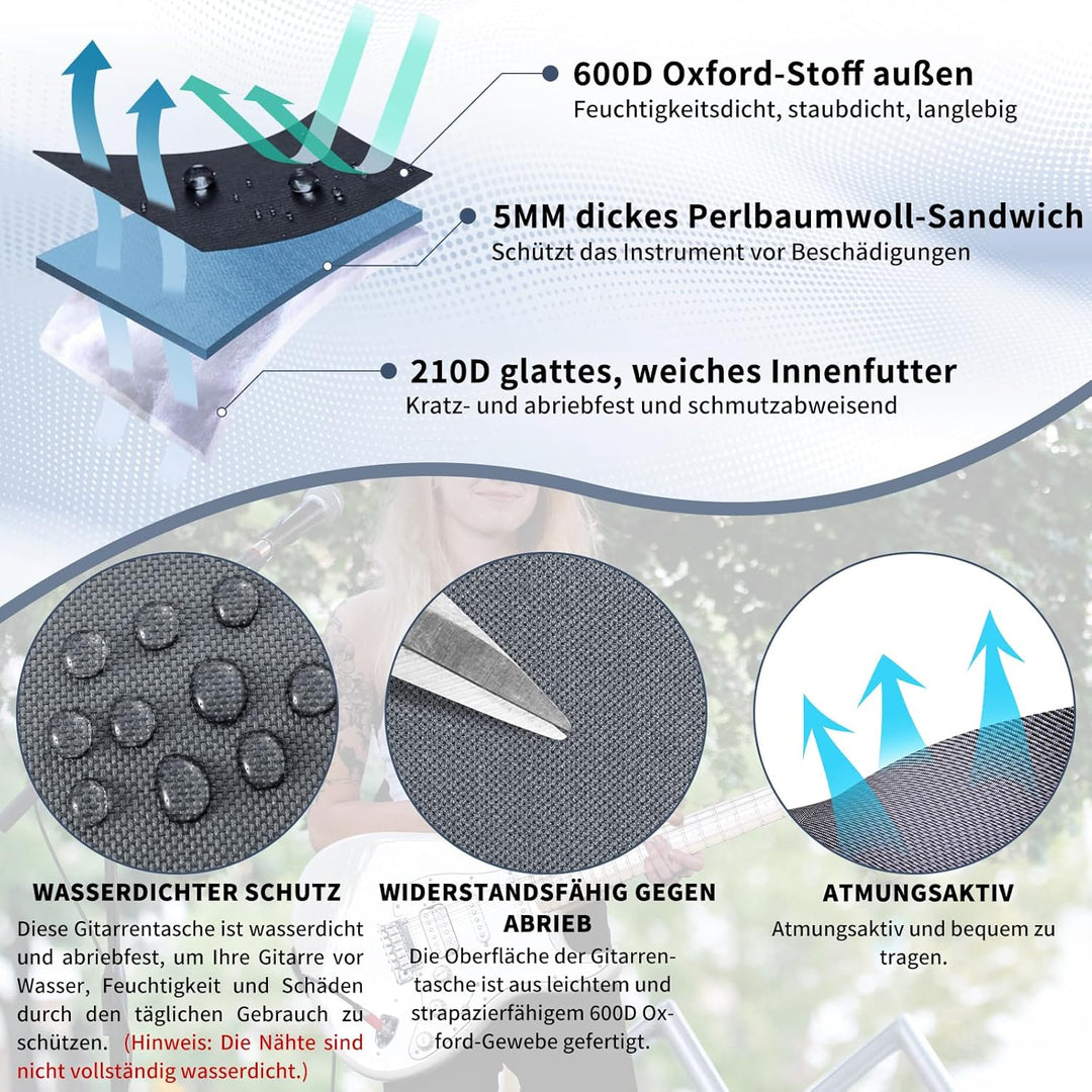 Akustikgitarrentasche, 40/41/42 Zoll Gitarren-Gigbag mit 10 mm dicker Polsterung &amp; mehreren Taschen,