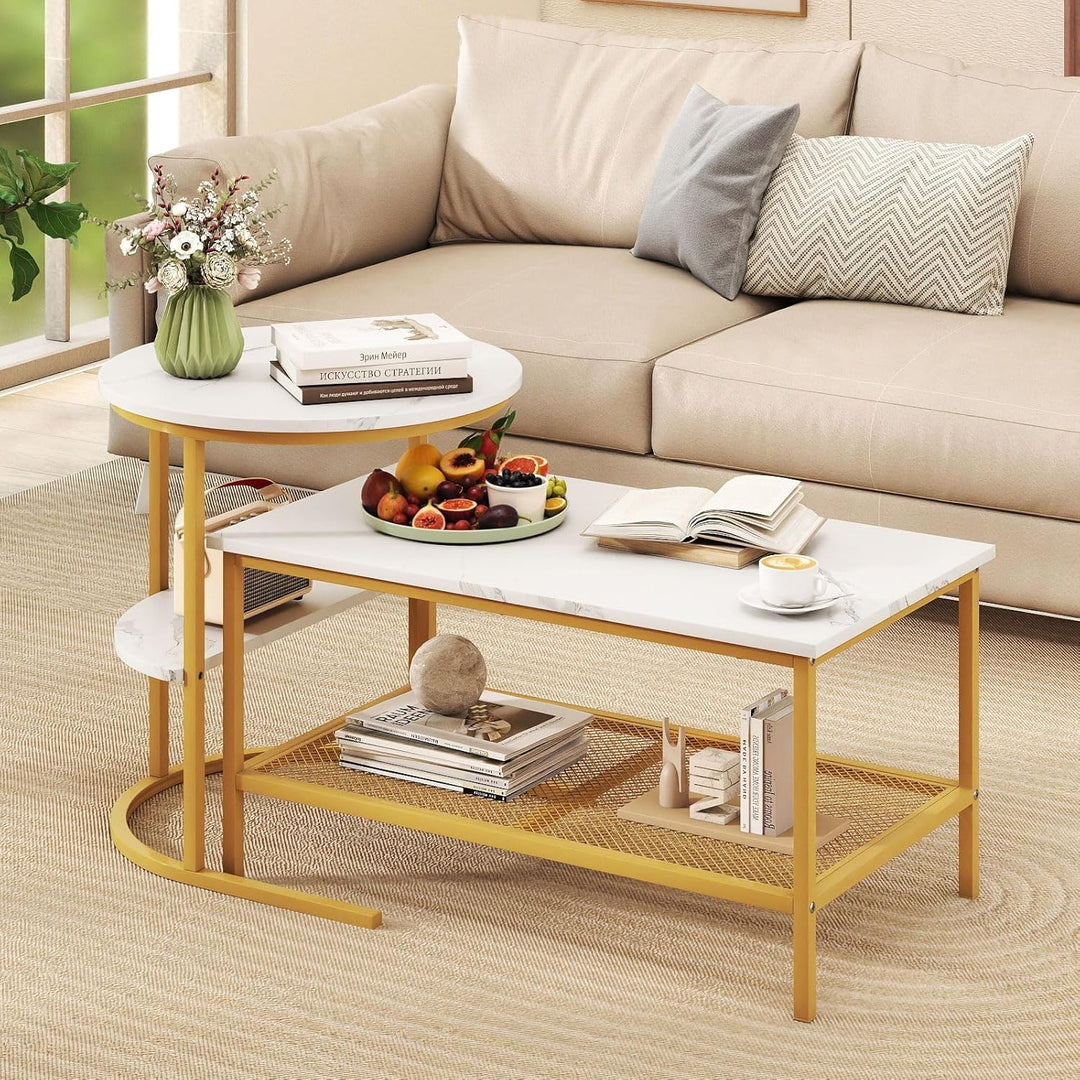 COSTWAY 2er Set Couchtisch, Beistelltisch Marmor Optik mit Metallrahmen & Ablage, Kaffeetisch Wohnzi