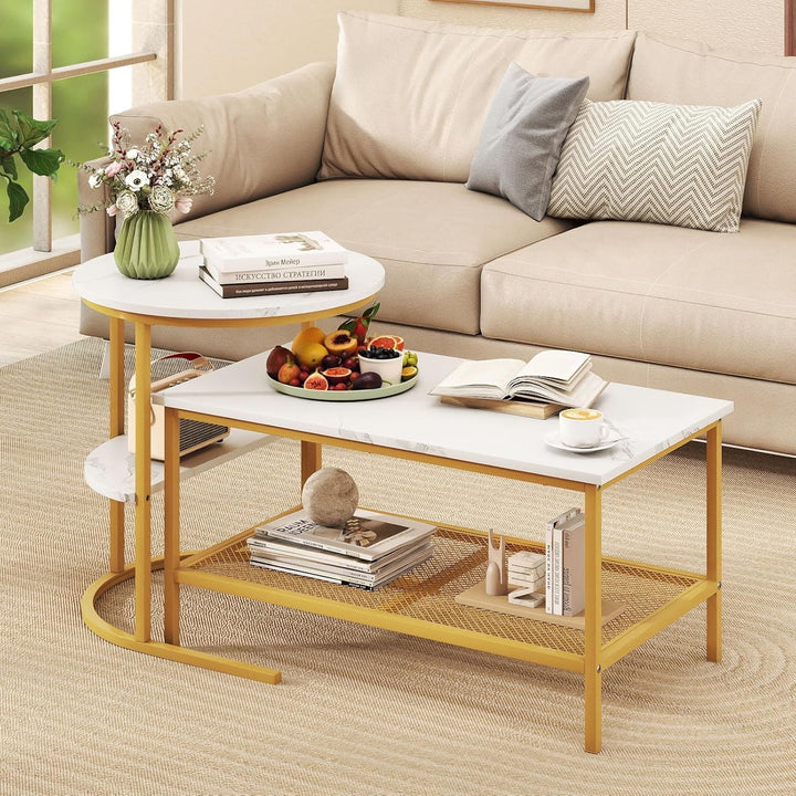 COSTWAY 2er Set Couchtisch, Beistelltisch Marmor Optik mit Metallrahmen & Ablage, Kaffeetisch Wohnzi