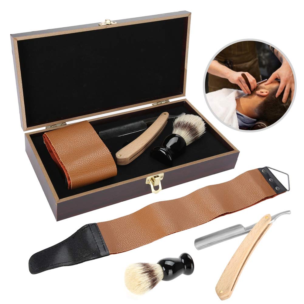 Rasiermesser Set, 3-Teilig – Handrasierer–Rasierpinsel – Rasierspitzer Gürtel – Geschenkbox Aus Holz