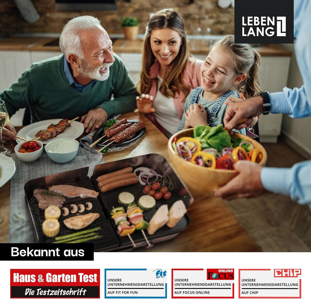 LEBENLANG Elektrogrill Tischgrill elektrisch - Inkl. Grillzange & Spritzschutz I 2400W Für Drinnen &