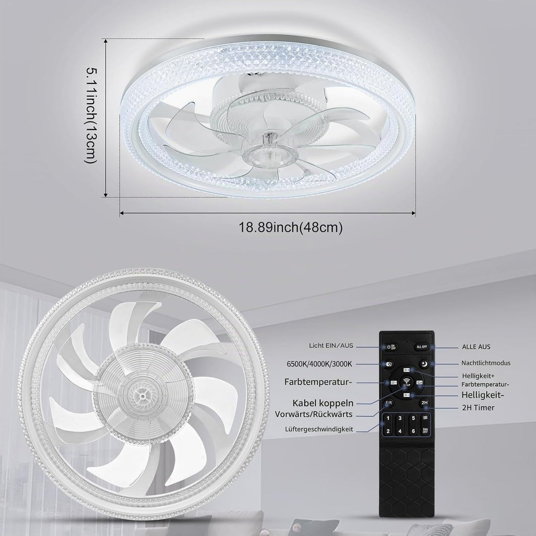 Ventilator Deckenleuchte,LED Deckenventilator mit Beleuchtung,3 Farbtemperatur und 6 Geschwindigkeit