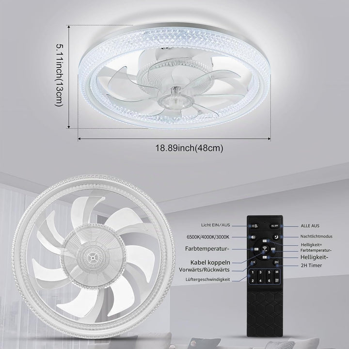 Ventilator Deckenleuchte,LED Deckenventilator mit Beleuchtung,3 Farbtemperatur und 6 Geschwindigkeit