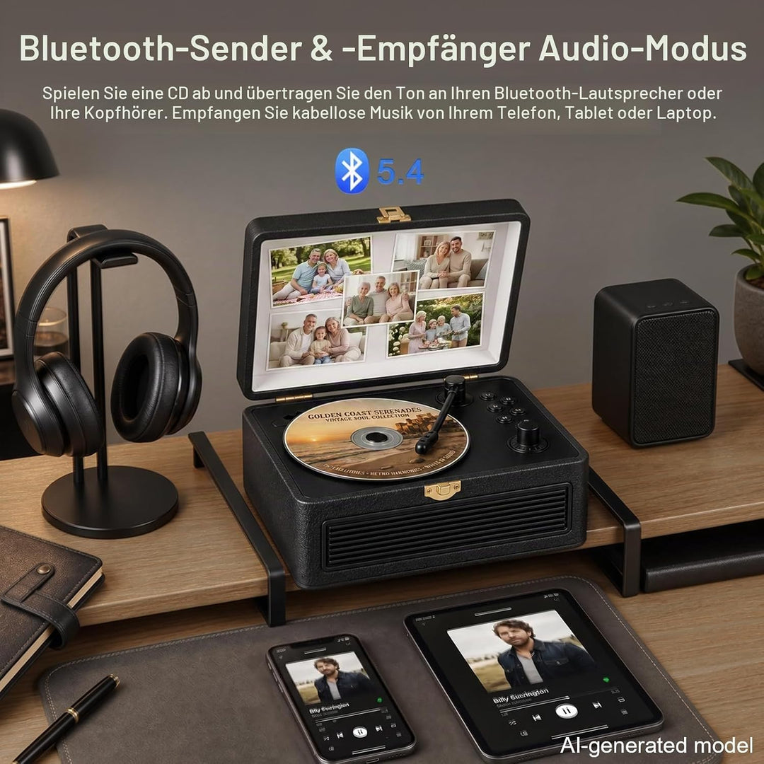 Gueray Tragbarer Bluetooth CD-Player mit Lautsprechern 3600mAh Wiederaufladbarer Vintage CD Spieler