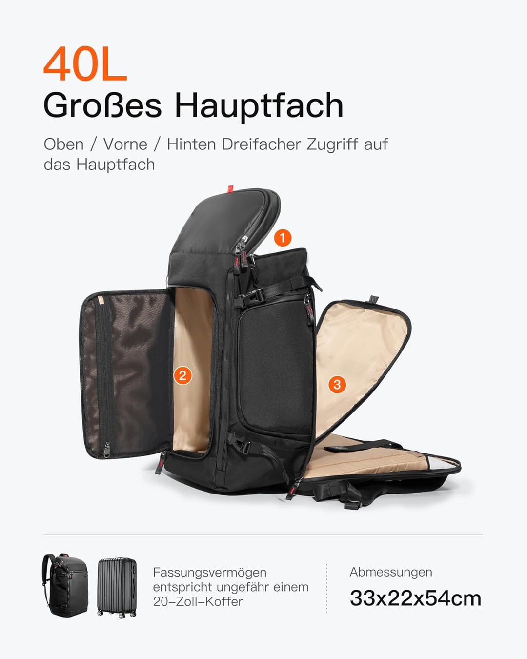 Inateck Reiserucksack Rucksack 40L, TSA Freundlich Gross Spritzwassergeschützt Handgepäck Travel Bac