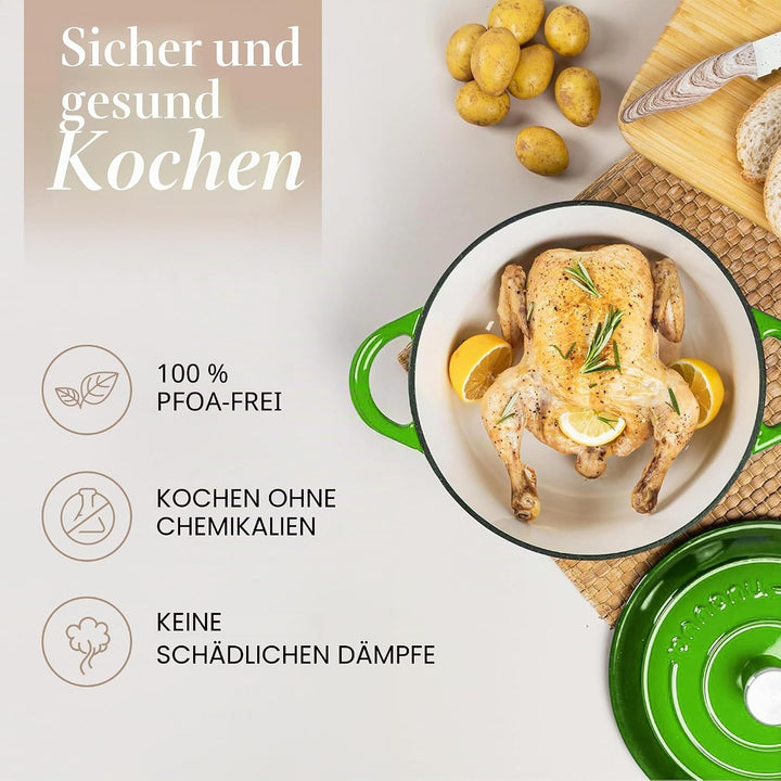 Gusseisen-Schmortopf mit Deckel – Emaille-Topf mit Antihaft, Ofenfest – Grün, 6.9 Liter, 30 cm – von