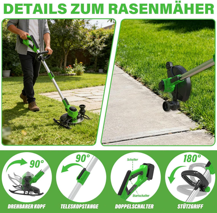 Rasentrimmer mit Akku, 2 in 1 Akku Rasentrimmer mit 2 x 3.0Ah Akku | 21V Akku Freischneider/Rasenkan