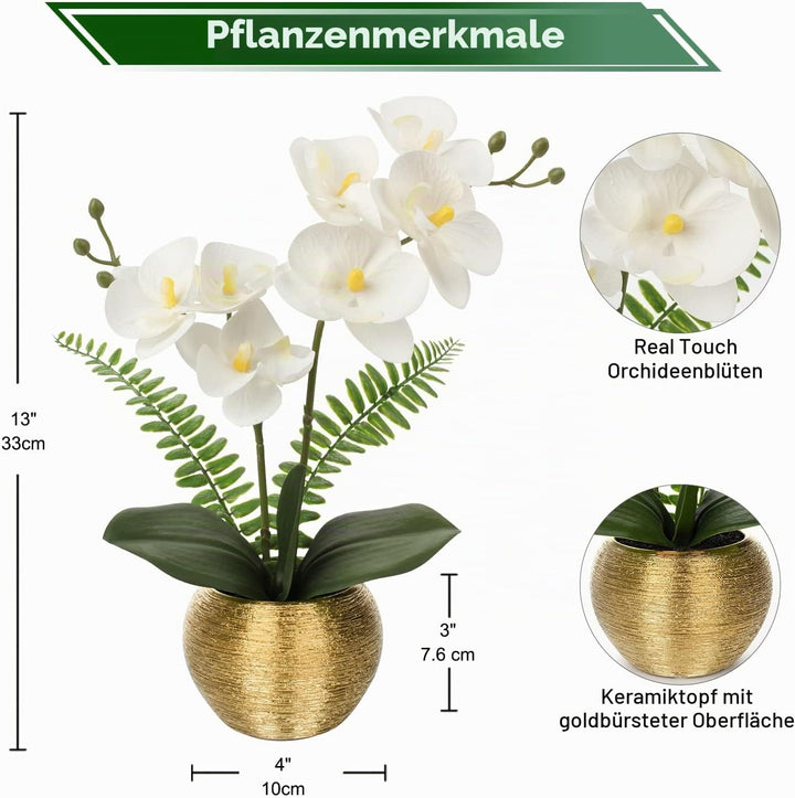 Kunstblumen wie Echt Orchideen Künstlich Blumen Deko Kunstpflanze Phalaenopsis im Goldfarbenen Topf