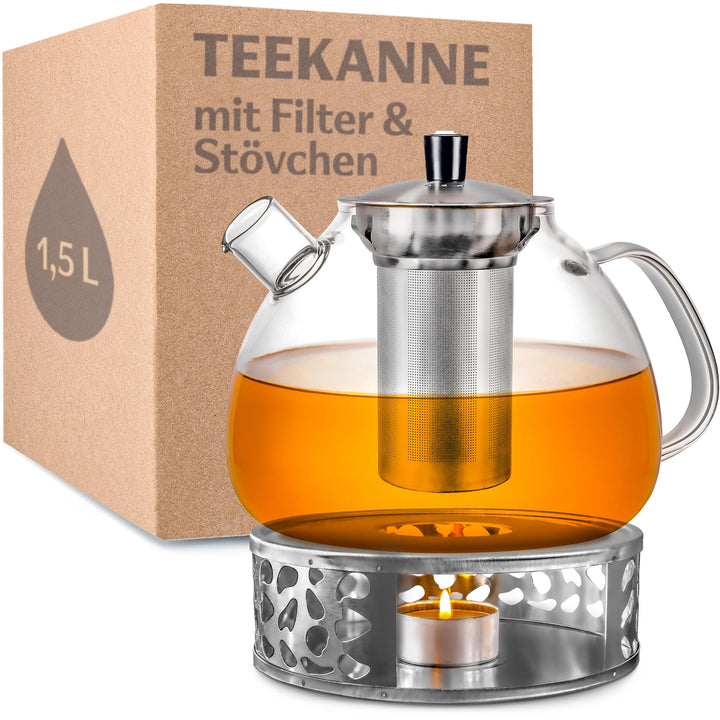 Cosumy Teekanne mit Sieb und Stövchen - 1,5 Liter - Hält lange warm - Spülmaschinenfest - Glas Teebe