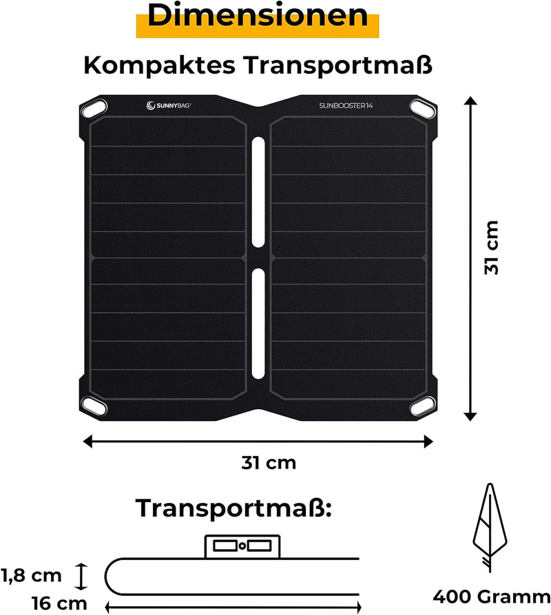 Sunnybag SUNBOOSTER 14 | Tragbares Solarladegerät mit 14 Watt | Faltbar, effizient, wasserfest | 2 U