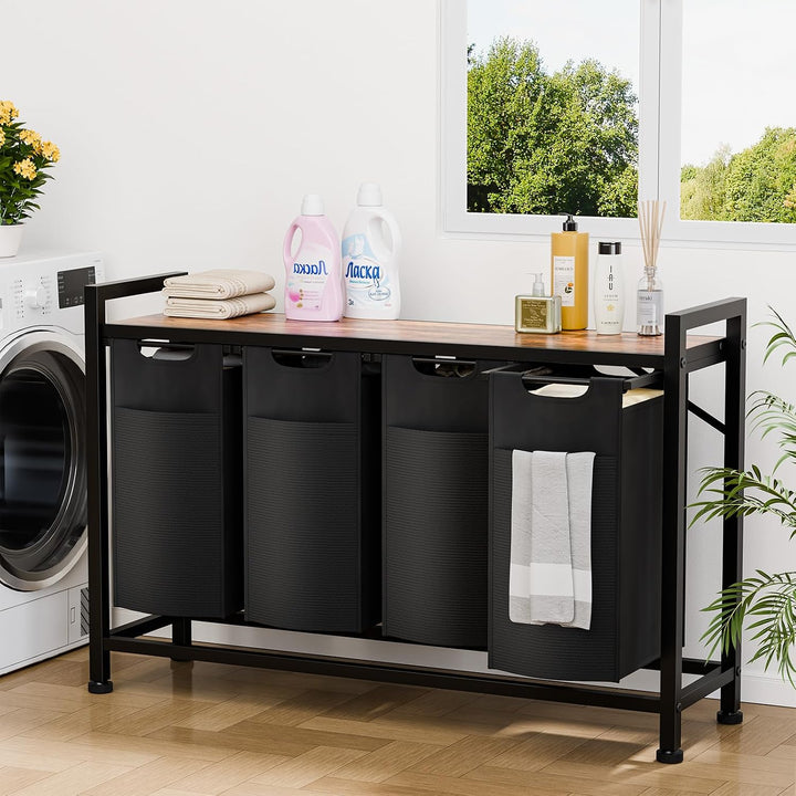 Sweetcrispy Wäschesammler mit Rollen, Wäschekorb 4 Fächer, 160 L, Schwarz | mit Ablage, 4 abnehmbare
