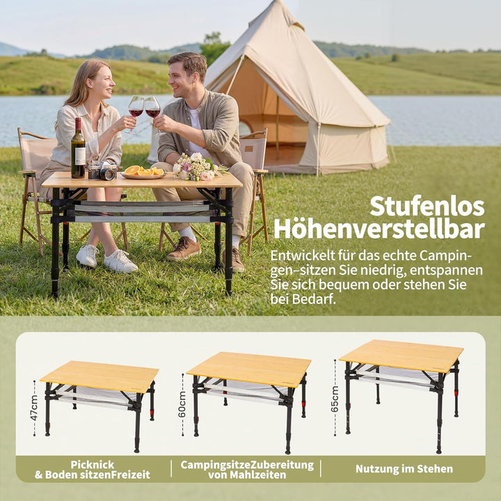 Join Nature Campingtisch Klappbar Bambus Stufenlos Höhenverstellbar 47–65cm Aluminiumgestell mit Tra