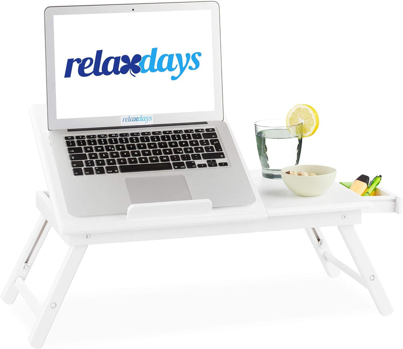 Relaxdays Bambus Laptoptisch, höhenverstellbarer Laptopständer für Bett und Sofa, mit Schublade, HBT